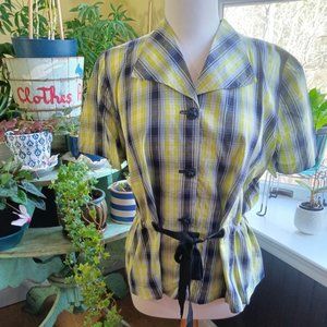 Vintage 1940s Plaid Handmade Cotton Blouse with Grosgrain Waist Tie Size L/XL